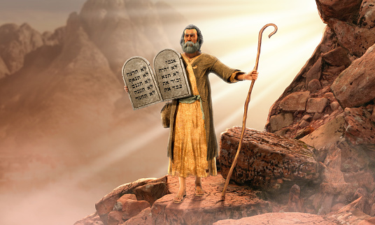 Moses holding 10 Commandments tablets coming down mount Sinai, 3d render.